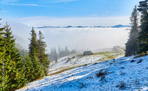 lawn is enlightened by the sun rays. Majestic autumn rural landscape. Fantastic scenery with morning fog. Green meadows in frost. Picturesque resort Carpathians valley, Ukraine, Europe.