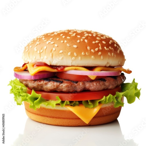 Juicy cheeseburger with fresh lettuce, tomato, onion and melted cheese on a sesame seed bun created with generative ai technology