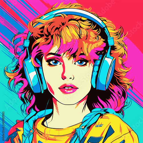 Pop art girl wearing headphones. Vector illustration.