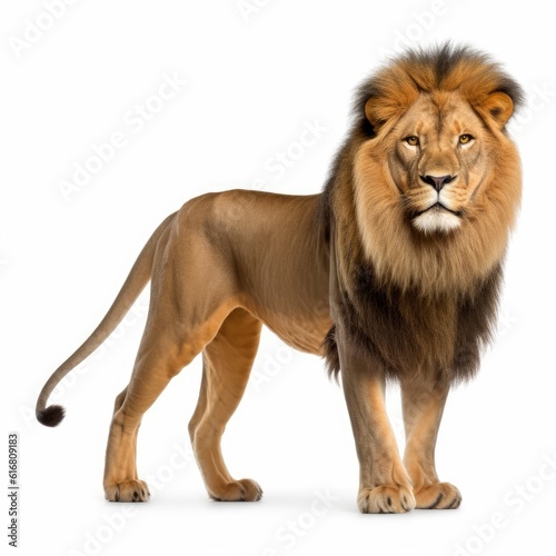 Majestic lion standing in front of a plain white background created with generative ai technology © Karlaage