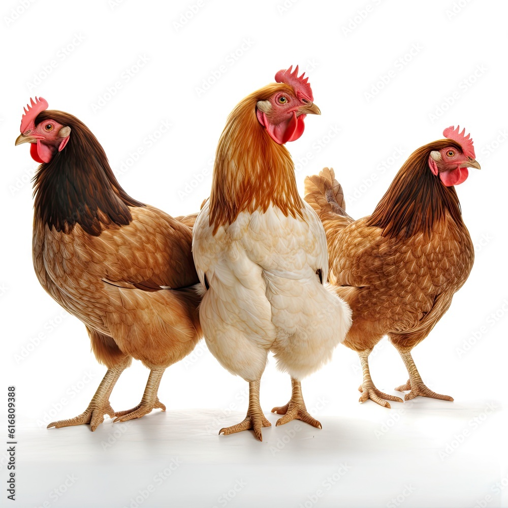 Flock of domestic chickens standing together in a barnyard created with generative ai technology Flock of domestic chickens standing together in a barnyard created with generative ai technology