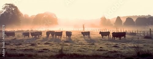 Panorama of grazing cows in a meadow with grass covered with dewdrops and morning fog, and in the background the sunrise in a small haze. Created with Generative AI technology.