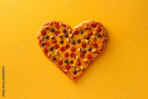 Love Shape Pizza Isolated on Yellow Background. AI