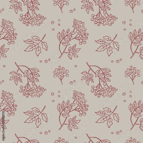 Rowan seamless pattern with berries and leaves. Hand drawn background with a rowans plant in a repeating ornament. Decorative backdrop for print, textile, label, wrapping. Vector illustration