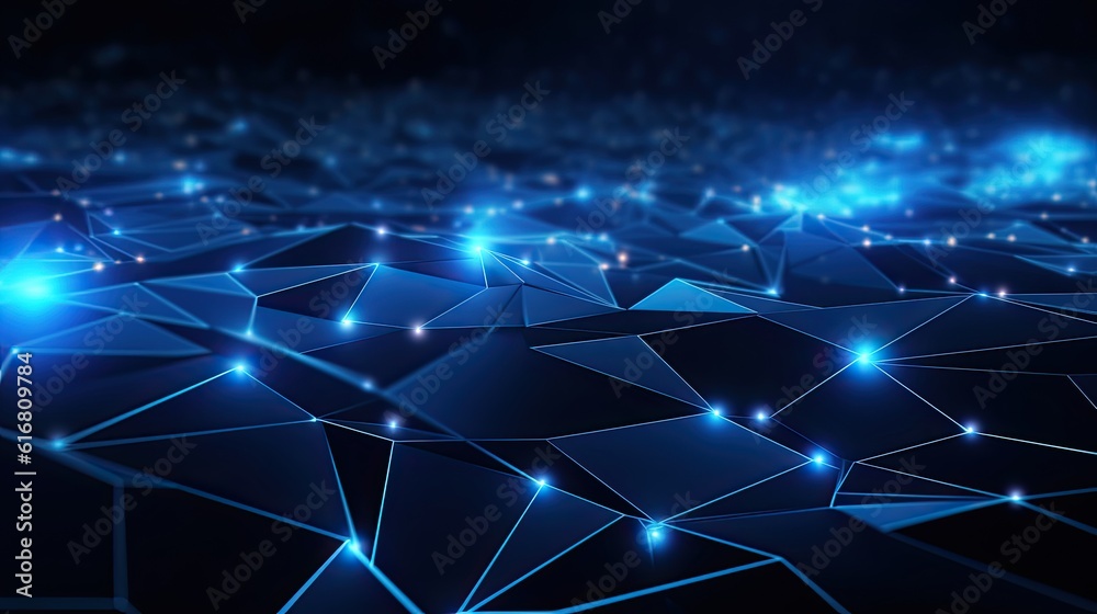 Abstract high-tech background, blue 3d wireframe mesh structure with glowing nodes. AI generated image