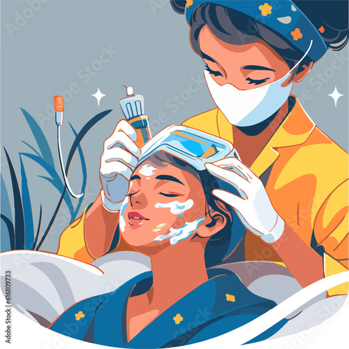 Professional beautician applying the clay mask to the client face, Cheerful cartoon characters. Vector art