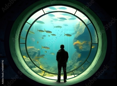 Man watching underwater world through round window in aquarium Created with Generative AI technology.