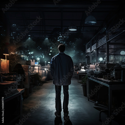 A man stands in dark lab at night, rear view. AI generated image