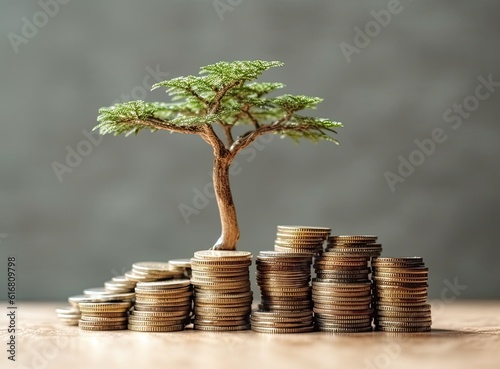 Showing financial developments and business growth with a growing tree on a coin. Created with Generative AI technology.