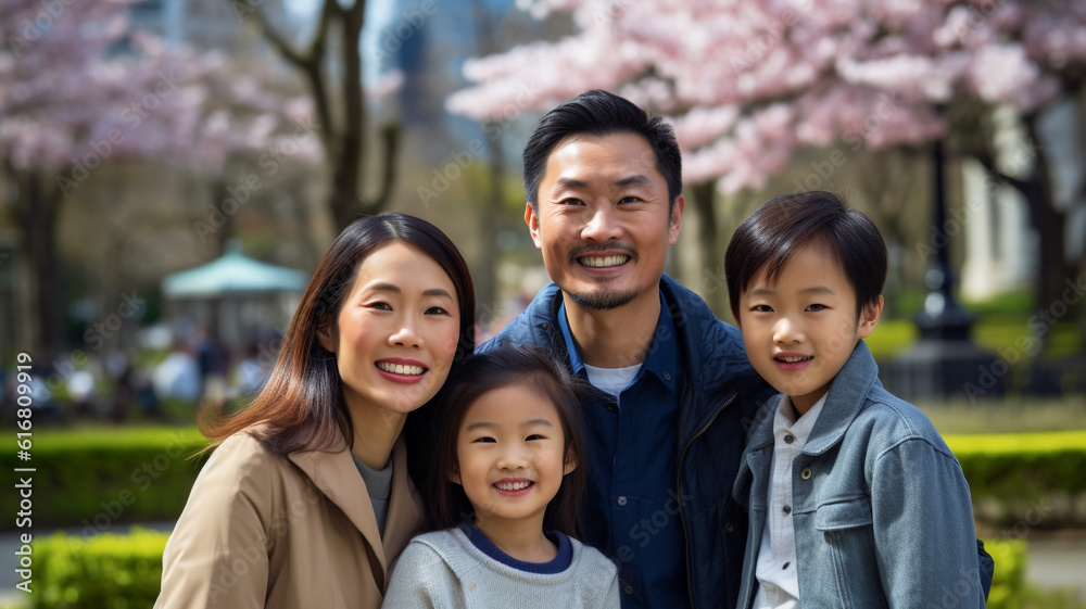 Beautiful, happy Asian family with kids. Happy Asian couple with small kids in an urban lifestyle. Portrait of a cheerful family looking at the camera and smiling. AI Generated
