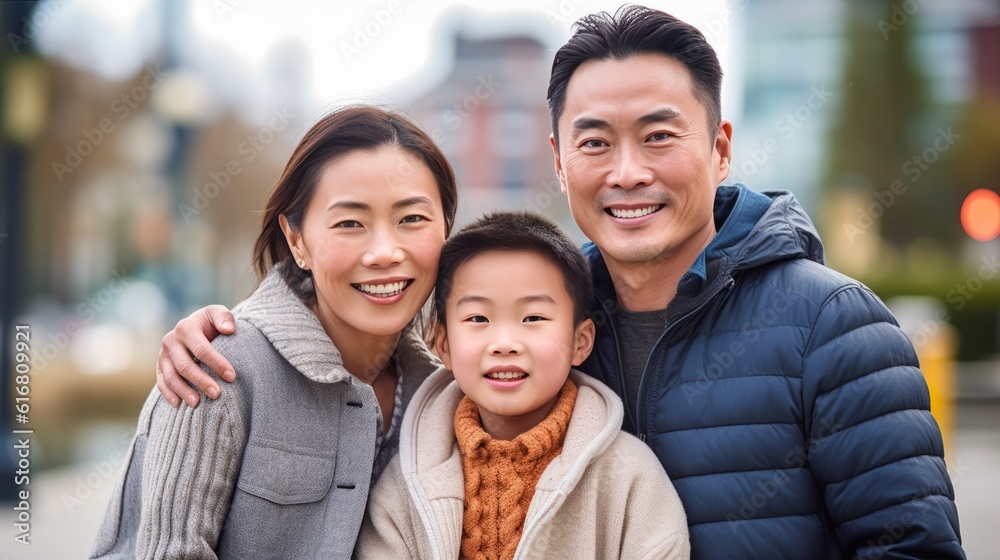 Beautiful, happy Asian family with a kid. Happy Asian couple with a small kid in an urban lifestyle. Portrait of a cheerful family looking at the camera and smiling. AI Generated