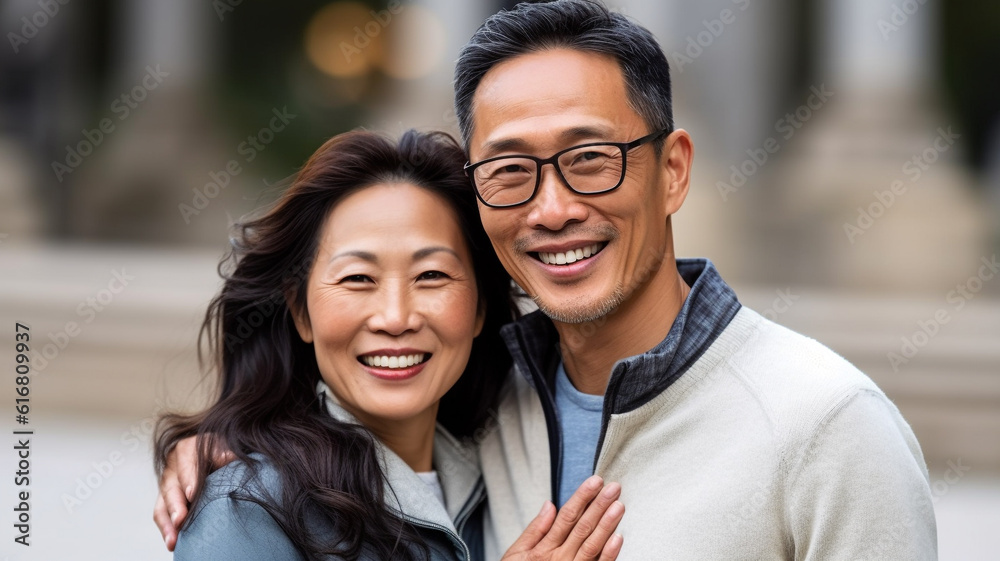 Portrait of happy asian couple looking at camera in the city. Portrait of smiling couple standing in street, lifestyle. Cheerful Western couple embracing each other. AI Generated. Portrait of happy asian couple looking at camera in the city. Portrait of smiling couple standing in street, lifestyle. Cheerful Western couple embracing each other. AI Generated.