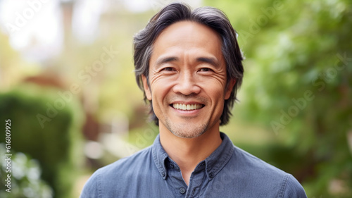 Senior Asian man smiling at the camera outdoors. Close-up portrait of a laughing handsome Asian man in the city. Middle aged man walking in a city.  AI Generated