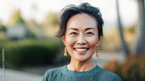 Asian woman smiling at the camera outdoors. Close-up portrait of a cheerful handsome asian woman in the city. Middle aged delighted woman standing in a city.  AI Generated