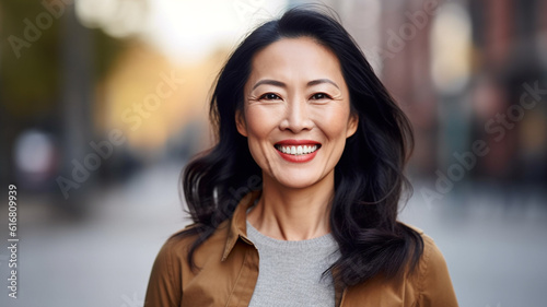 Asian woman smiling at the camera outdoors. Close-up portrait of a cheerful handsome asian woman in the city. Middle aged delighted woman standing in a city.  AI Generated