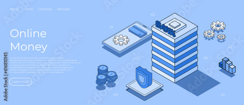 Online payment and banking concept. Phone with credit card and bank building. Money management concept. Vector illustration