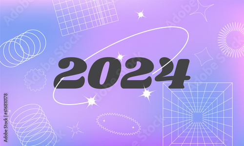 2024 Happy New Year poster. Y2K style illustration. Trendy minimalist aesthetic color. Vector illustration concept