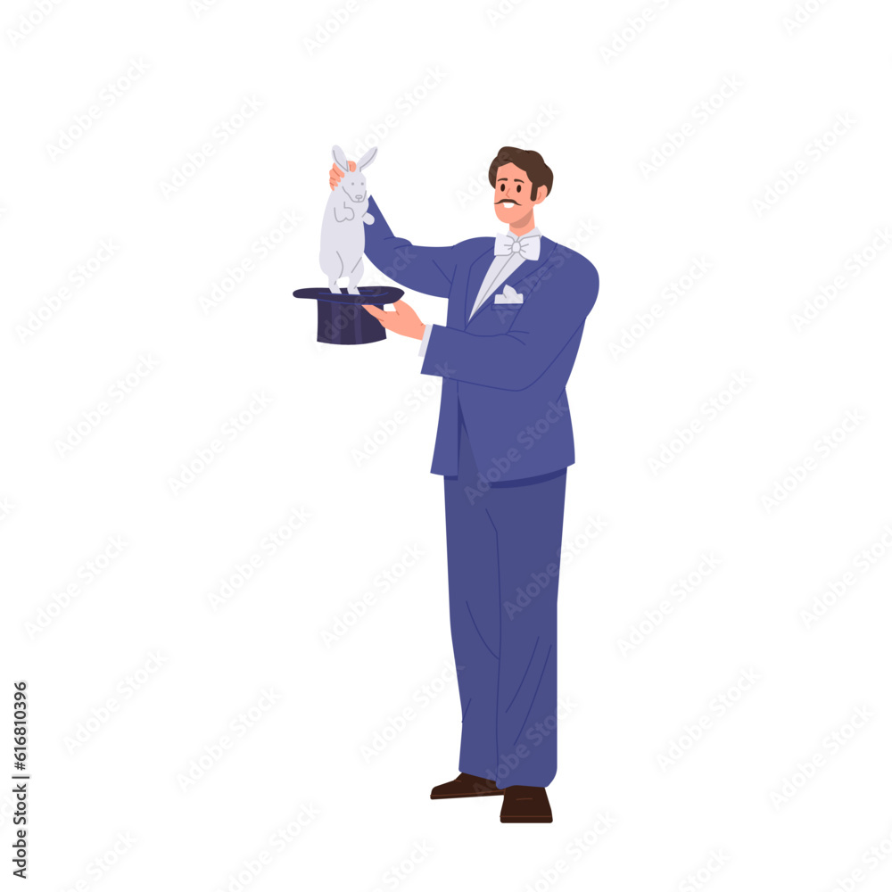 Man magician circus artist character in tailcoat costume pulling rabbit or bunny from top hat Man magician circus artist character in tailcoat costume pulling rabbit or bunny from top hat