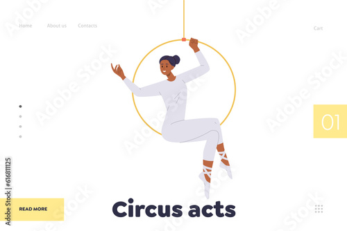 Circus acts landing page design template with charming beautiful woman aerial gymnast on hoop
