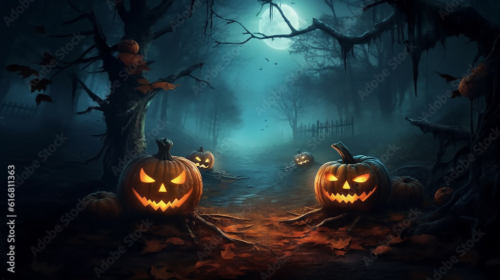 Naklejka premium halloween background mysterious forest with pumpkins burning eyes. Generative AI