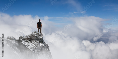 Adventurous Man Standing on top of Mountain Cliff. Extreme Adventure Composite