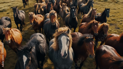 herd of horses close-up, many heads of horses background. Generative AI © kichigin19