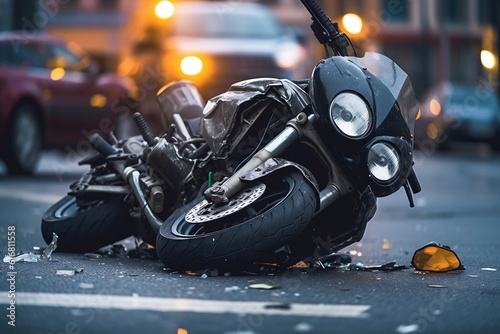 Motorcycle Traffic Accident: Broken Bike on the Street after Crash. AI photo