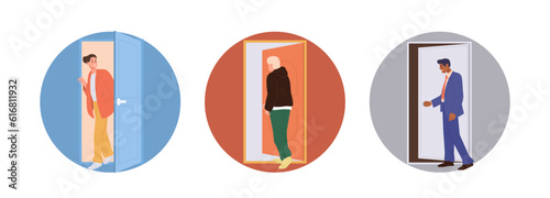 Set of round composition with people entering or going out opened door of office or home apartment