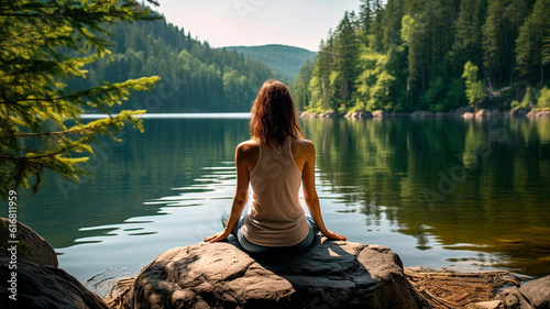 the girl does yoga in nature. Forest and lake. High quality illustration