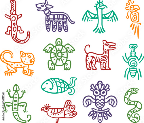 Maya aztec totem isolated elements. Signs idols of south america, eagle and fish. Tribal mexican abstract native icons. Classy vector decorations