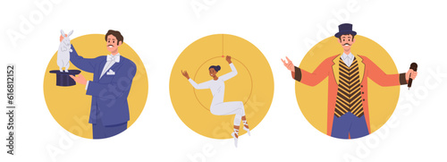Isolated set of round composition with different circus artist and show host vector illustration