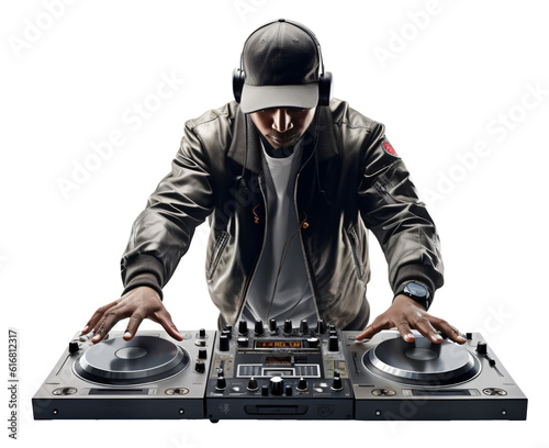Dj mixing music  isolated on the transparent background PNG. AI generative.