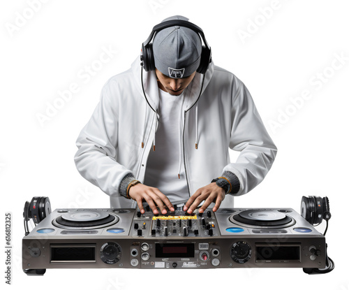 Dj mixing music  isolated on the transparent background PNG. AI generative.