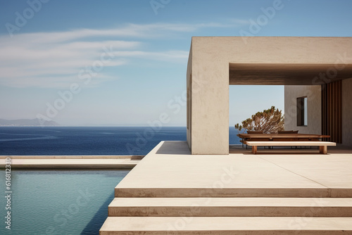 minimalistic mediterranean villa on a cliff, generative ai © MaxWo