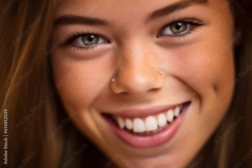 Close-up portrait photography highlighting the radiant smile and natural beauty of a happy individual. Generative AI Close-up portrait photography highlighting the radiant smile and natural beauty of a happy individual. Generative AI