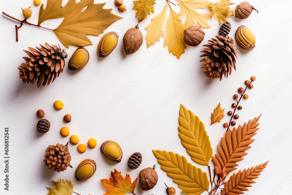 Autumnal Fruits and Nuts Arranged on a White Background. Generative AI Autumnal Fruits and Nuts Arranged on a White Background. Generative AI