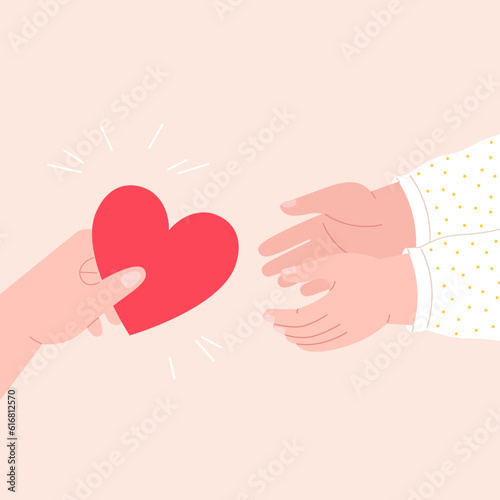 Person sharing heart. Hands holding red heart and give it other human. Support and relationship, friendship and humanity, vector concept