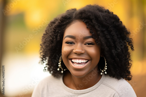 Close-up portrait photography highlighting the radiant smile and natural beauty of a happy individual. Generative AI