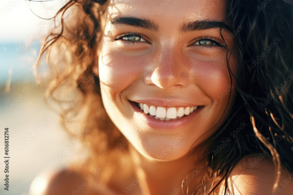 Close-up portrait photography highlighting the radiant smile and natural beauty of a happy individual. Generative AI