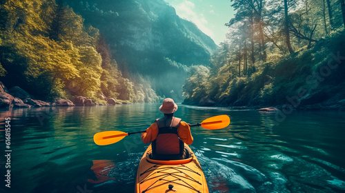 A person enjoying an eco-friendly activity, such as kayaking or hiking, with a focus on the importance of preserving natural habitats. Generative AI © Aram