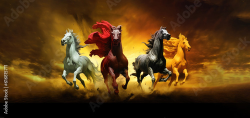 The four horses of the Apocalypse white red black and yellow Bible Revelation Generative AI Illustration