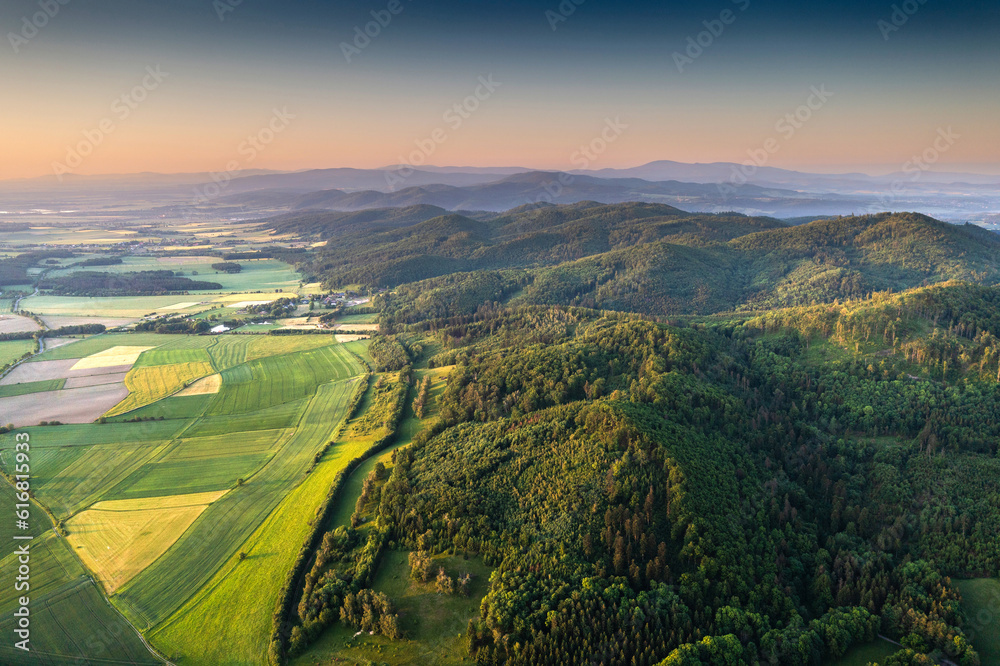 Aerial view of a rural landscape at sunset