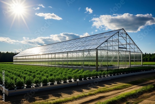 Spacious industrial greenhouse with lush greenery, Generative Ai