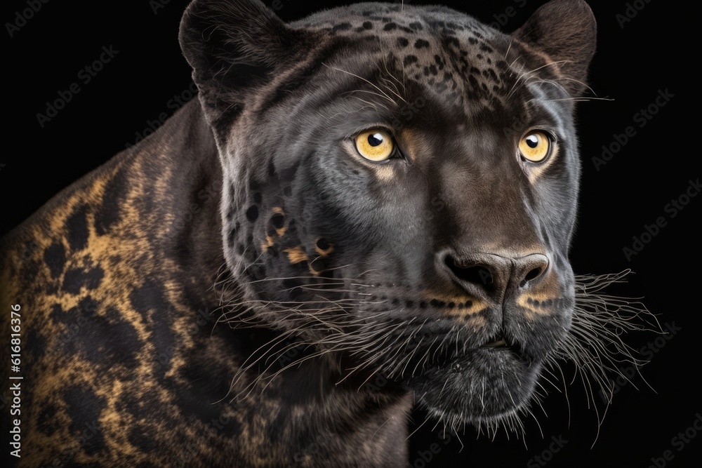 fierce black leopard with piercing yellow eyes in close-up. Generative AI