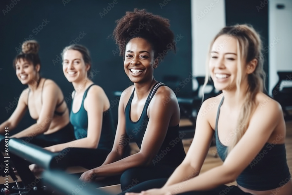 A group of happy, smiling mix race women practice pilates in the gym A group of happy, smiling mix race women practice pilates in the gym