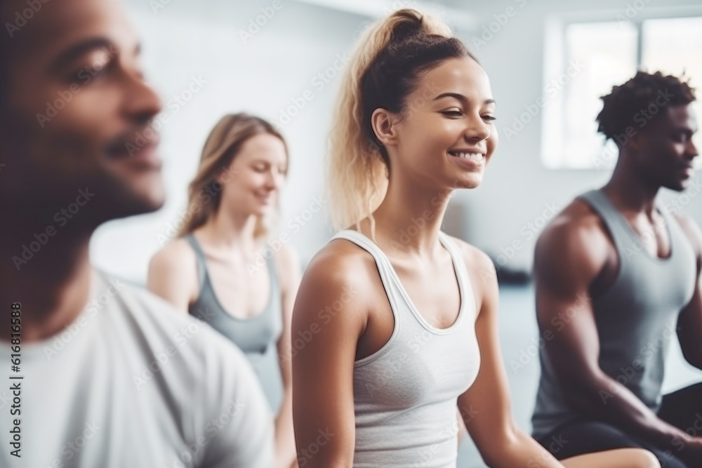 Group of mixed race smiling people practicing yoga in the gym Group of mixed race smiling people practicing yoga in the gym