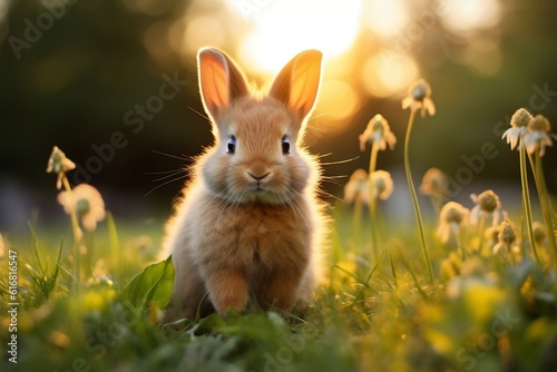 A cute bunny rabbit resting on the lush green grass, Generative Ai ©  Creative_studio