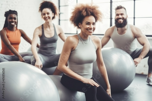 A group of happy  smiling mix race people practice pilates in the gym