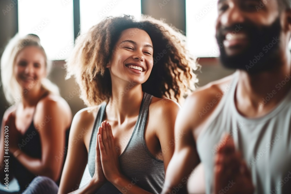 Group of mixed race smiling people practicing yoga in the gym Group of mixed race smiling people practicing yoga in the gym