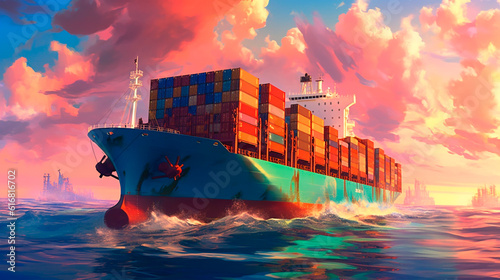 Big transport ship with containers with goods on the open sea. Generative AI